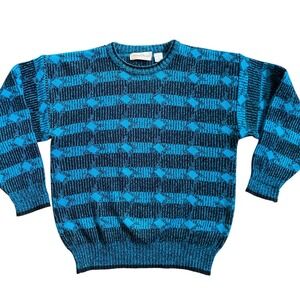 Michael Gerald Mens Blue Black Geometric Pattern Knit Sweater Pullover Size L
